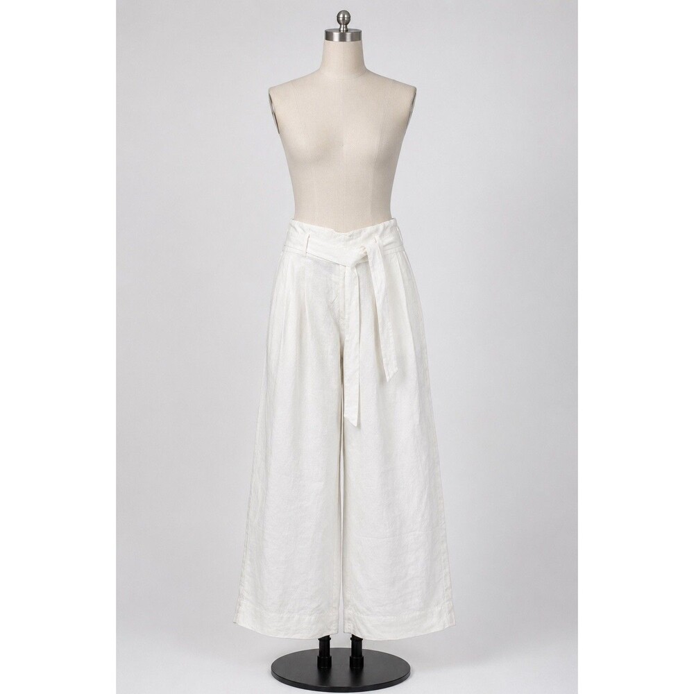 Chico's Women Size 3P (US-16 NWT White Pleated Belted 100% Linen Pants Wide Leg